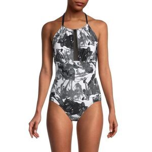 Calvin Klien Women's Abstract Gray/White Halterneck One-Piece Swimsuit Size 12